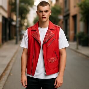 Red Studded Moto Vest Sleeveless Biker Jacket Punk Rocker Style